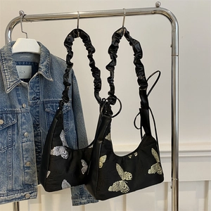 Butterfly Embroidered Underarm Bag Ruched Strap Canvas Hobo Handbag Vintage Fairy Style Women Gift