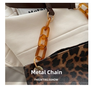 Detail of leopard print bag featuring amber acrylic chain and gold metal rings