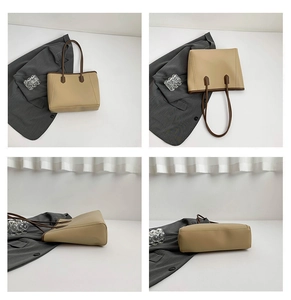 Detailed four-angle view of khaki tote bag with dark brown handles and PU leather finish