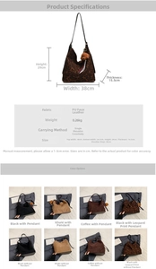 Detailed size guide and specifications for the large vintage leopard print tote bag