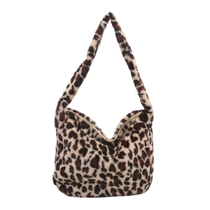 Chic leopard print plush shoulder bag for women with large capacity and zipper closure