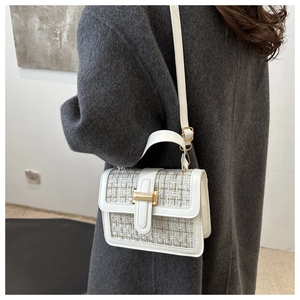 Detail of tweed crossbody bag with gold metal clasp and adjustable shoulder strap