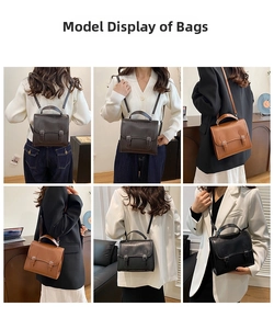 British style satchel backpack in brown and black leather shown in various carrying styles