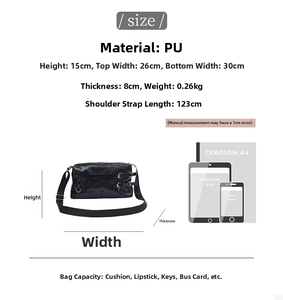 Detailed size chart and capacity display for minimalist black PU leather crossbody bag