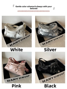 Macro detail of glossy PU leather handbag sides with decorative buckles in four colors