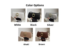 Detail view of five minimalist shoulder bags in white, black, silver, khaki, and brown