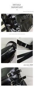 Detailed view of glossy black PU leather texture with silver hardware and adjustable strap
