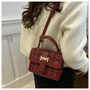 Detail view of red tweed crossbody bag with golden H-clasp and leather shoulder strap