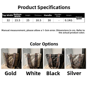 Detailed size chart and multi-color options for the large quilted tote bag