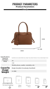 Guida alle dimensioni della borsa tote in PU marrone con misure di larghezza, altezza e manici