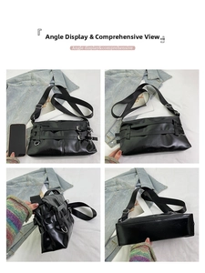 Multi-angle view of black functional shoulder bag with dual buckle details and wide strap
