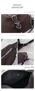 Detailed close-up of dark brown faux leather bag with silver hardware and smooth zipper