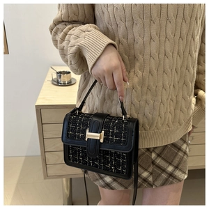 Detail of tweed crossbody bag with black leather trim and golden H-shaped clasp