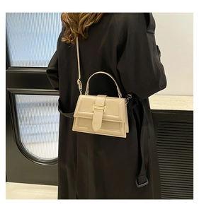 Back view of model wearing a beige crossbody bag with a metal H-buckle and black coat