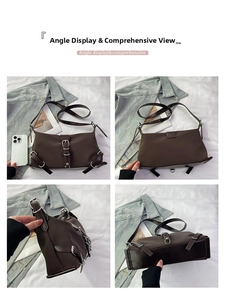 Detailed four-way view of minimalist dark brown shoulder bag with metallic buckle straps