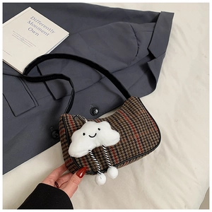 Retro plaid shoulder bag with contrast stitching and a cute plush cloud charm detail