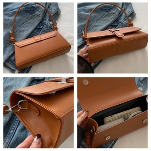 Detail views of brown croc-effect flap bag with silver buckle and knotted strap