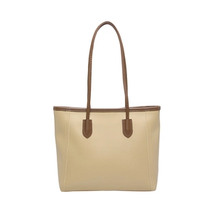 Classic minimalist two-tone tote bag in beige PU leather with brown shoulder straps