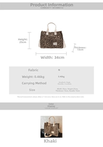 Detailed size chart and specifications for the leopard print canvas tote bag