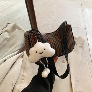 Retro plaid crescent shoulder bag with black PU trim and a cute plush cloud charm