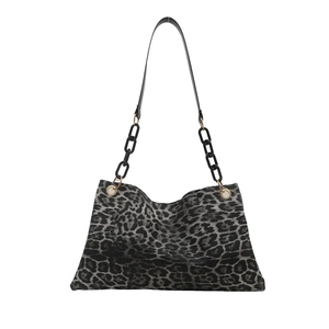 Winter leopard print large tote bag with black resin chain and leather shoulder strap