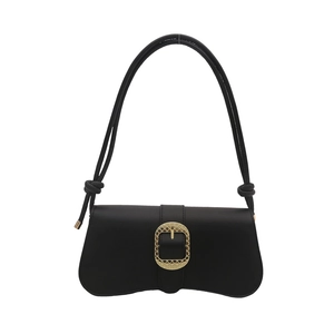 Retro black leather baguette shoulder bag with elegant oval gold buckle detail