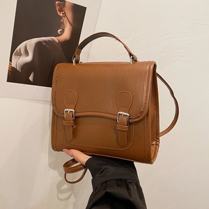 Vintage brown PU leather satchel with double buckles and top handle for women