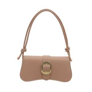 Minimalist beige underarm bag with wavy base and large textured golden buckle