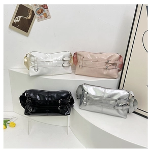 Glossy patent leather tote bags in four colors with decorative parallel metal buckles