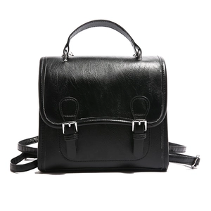 Classic black British style Cambridge backpack in lychee texture faux leather with silver buckles