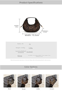 Detailed size chart and specifications for the leopard print crescent handbag