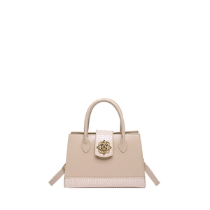 Beige faux leather handbag with crocodile pattern, top handles and gold floral clasp