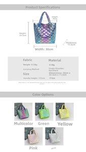 Detaillierte Größentabelle und Farbauswahl für die holografische Stepptasche