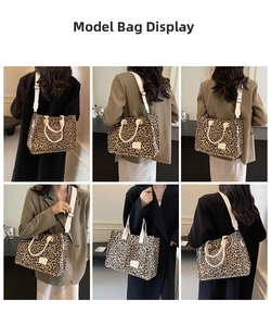 Detail view of leopard print canvas tote bag with adjustable wide shoulder straps