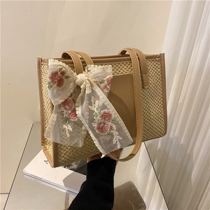 Women Straw Woven Tote Bag Lace Floral Embroidery Bow Large Capacity Summer Beach Shoulder Handbag Elegant Pastoral Style