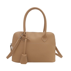 Retro khaki leather handbag with contrast stitching and detachable shoulder strap