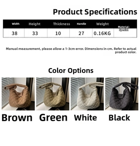Size chart showing large quilted crossbody bag measurements in brown green white and black