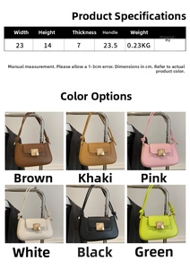 Size chart for minimalist PU leather shoulder bag showing 23cm width and dimensions