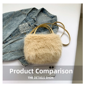 Detailed flat lay of a beige faux fur shoulder bag with leather straps and denim jacket
