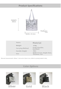 Spécifications de taille pour sac cabas matelassé métallisé en argent, or et noir