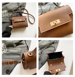 Detailed four-way view of brown lychee leather mini bag with gold hardware and strap