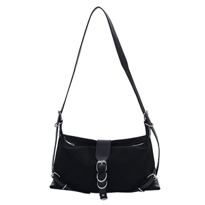 Chic black nylon shoulder bag with silver buckles and adjustable strap in cool workwear style