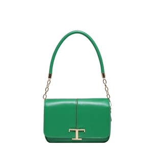 Sac à bandoulière vert minimaliste avec poignée et boucle logo en métal T doré