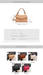 Detailed size chart and color options for the minimalist PU leather crossbody square bag