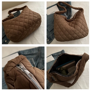 Detailed views of brown quilted shoulder bag showing large capacity and stitching