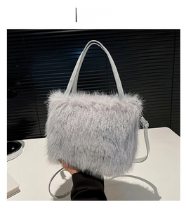 Detail of grey faux fur shoulder bag featuring soft texture and leather strap