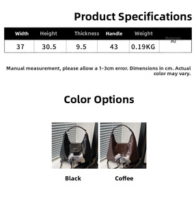 Detailed dimension chart for large PU leather tote bag with black and coffee color options