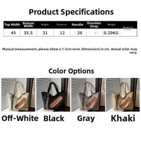 Tableau des tailles montrant dimensions et coloris d'un grand sac cabas en toile robuste