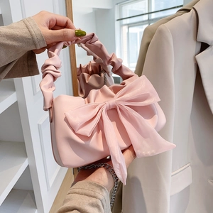 Women Sweet Bowknot Handbag PU Leather Ruched Handle Cloud Pleated Crossbody Bag With Detachable Chain Vintage Trendy Small Tote