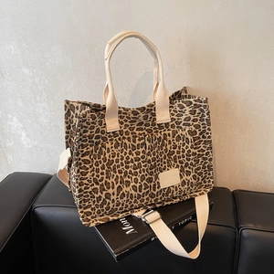 Women Retro Leopard Print Canvas Tote Bag Large Capacity Shoulder Bag With Adjustable Strap Multi Pockets Casual Handbag